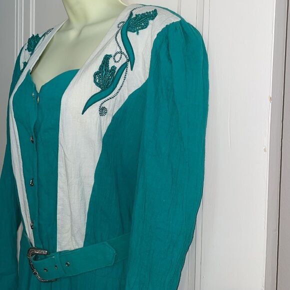 Vtg 80s/90s Lillia Smitty turquoise crinkle cloth layered skirt western dress - Picture 5 of 9